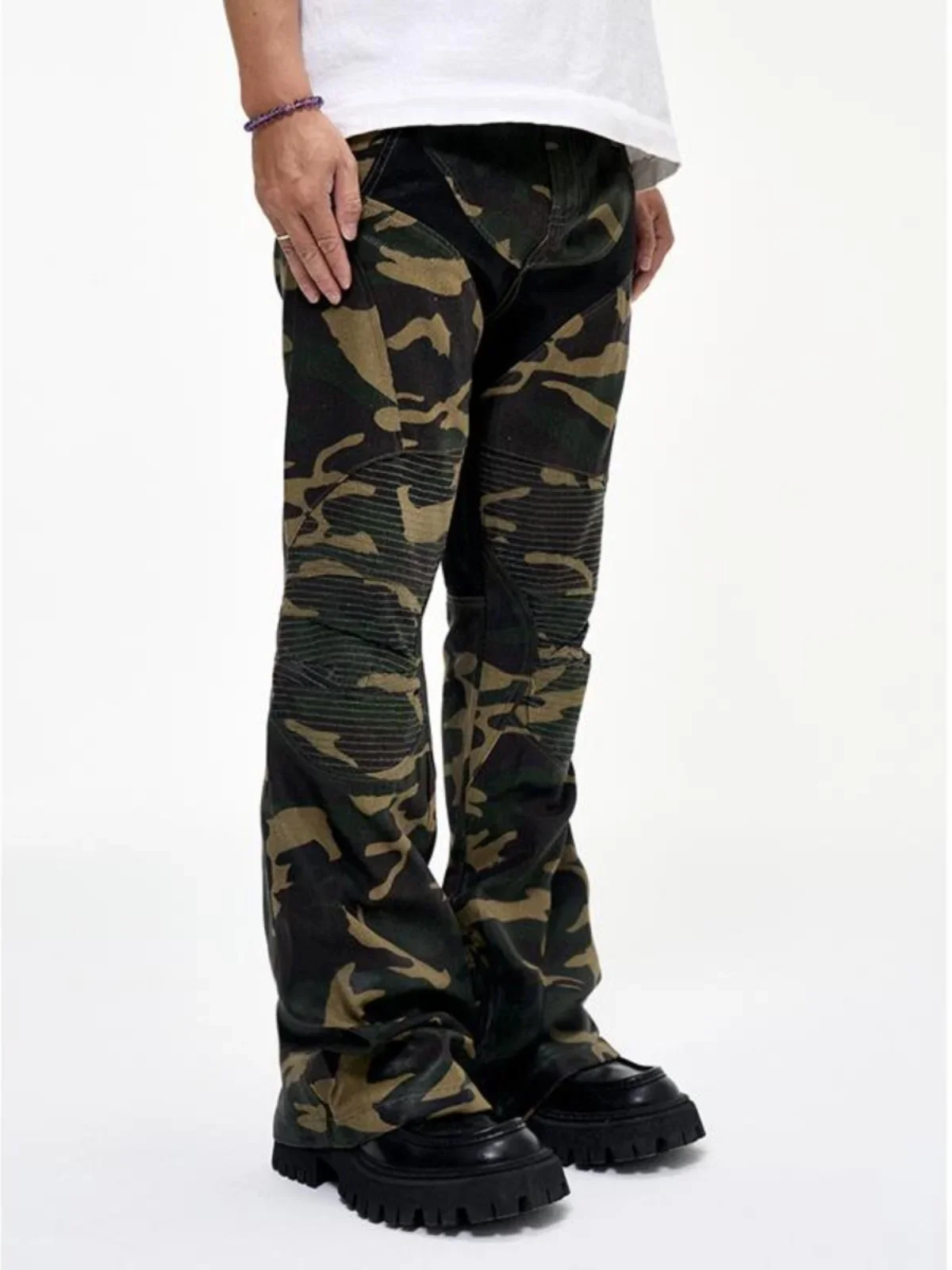 Tung Sung Splicing Brush Wax Locomotive Coating Micro-pull Camouflage Pants Men Street Wear Cargo Pants