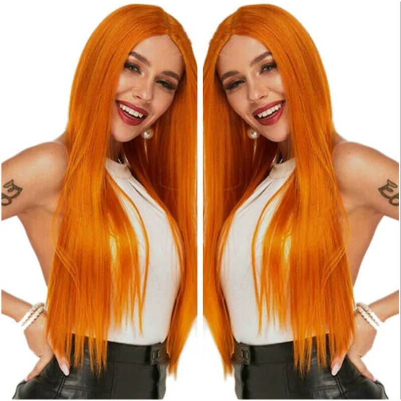 New Fashion Girls Lace Frontal Orange Wig 26&# 034; Long Straight Synthetic Silky Wig