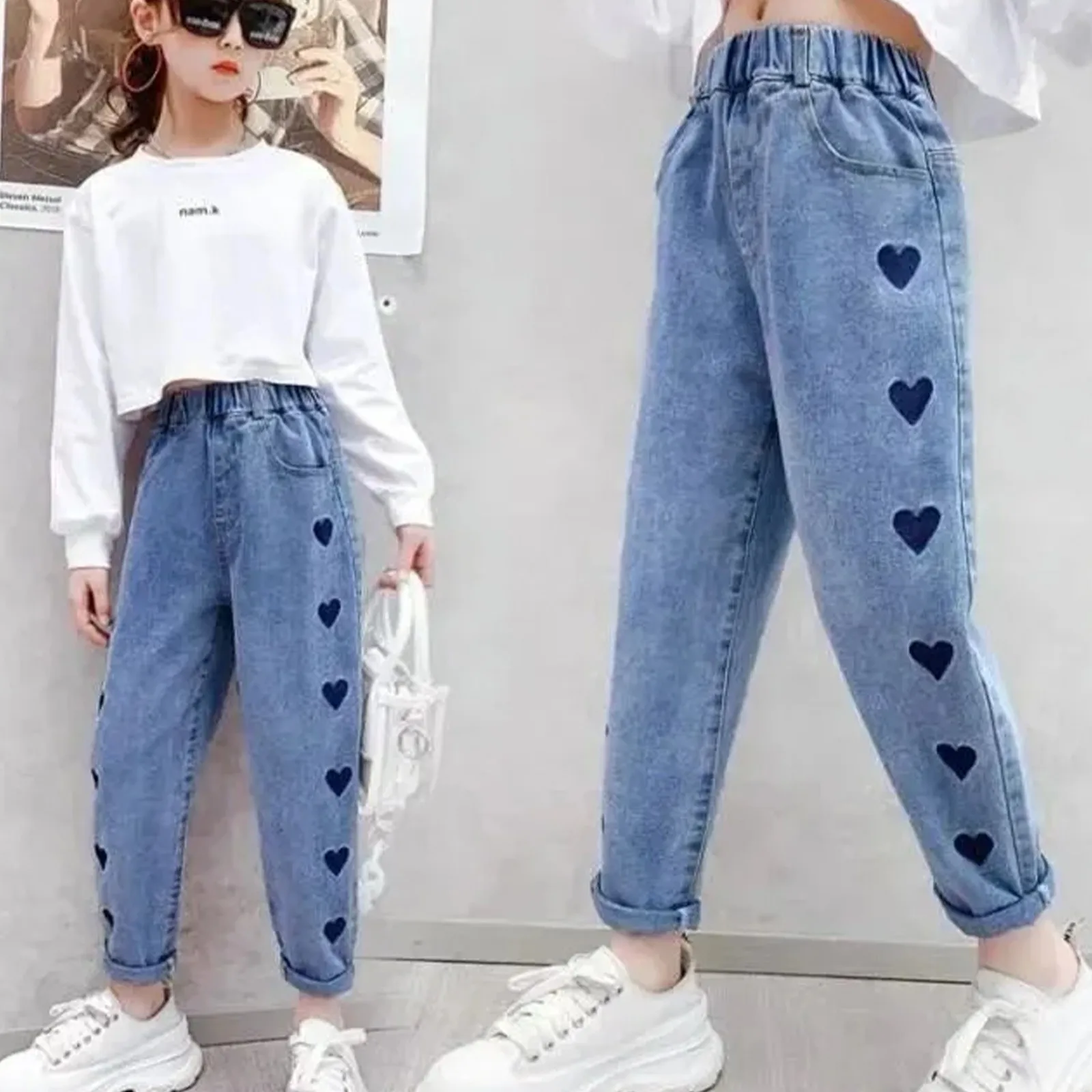 Girls' Fashion Casual And Versatile Of Every Seasons Elastic High Waist Embroidered Peach Heart Denim Washed Pants With Pockets