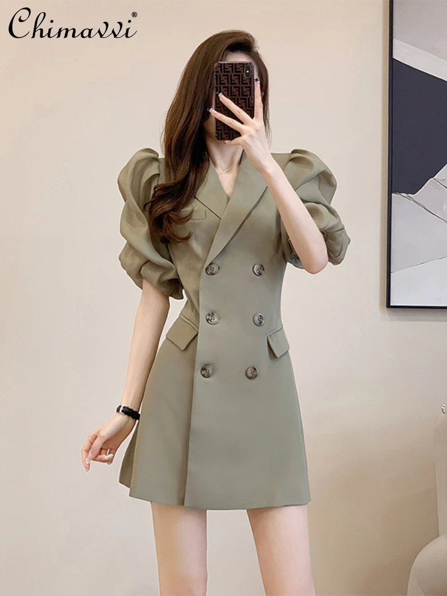 

Fashion Puff Sleeve Dress Women's New 2024 Autumn OL Double Breasted Design High-end Slim Temperament Short Suit Dresses