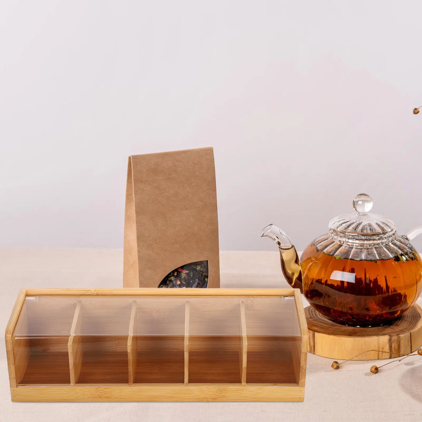 Tea Bag Organizer Box Divided Tea Storage Chest with Lid Transparent Cover Fresh Aroma Keeping Decorative Home Countertop Use