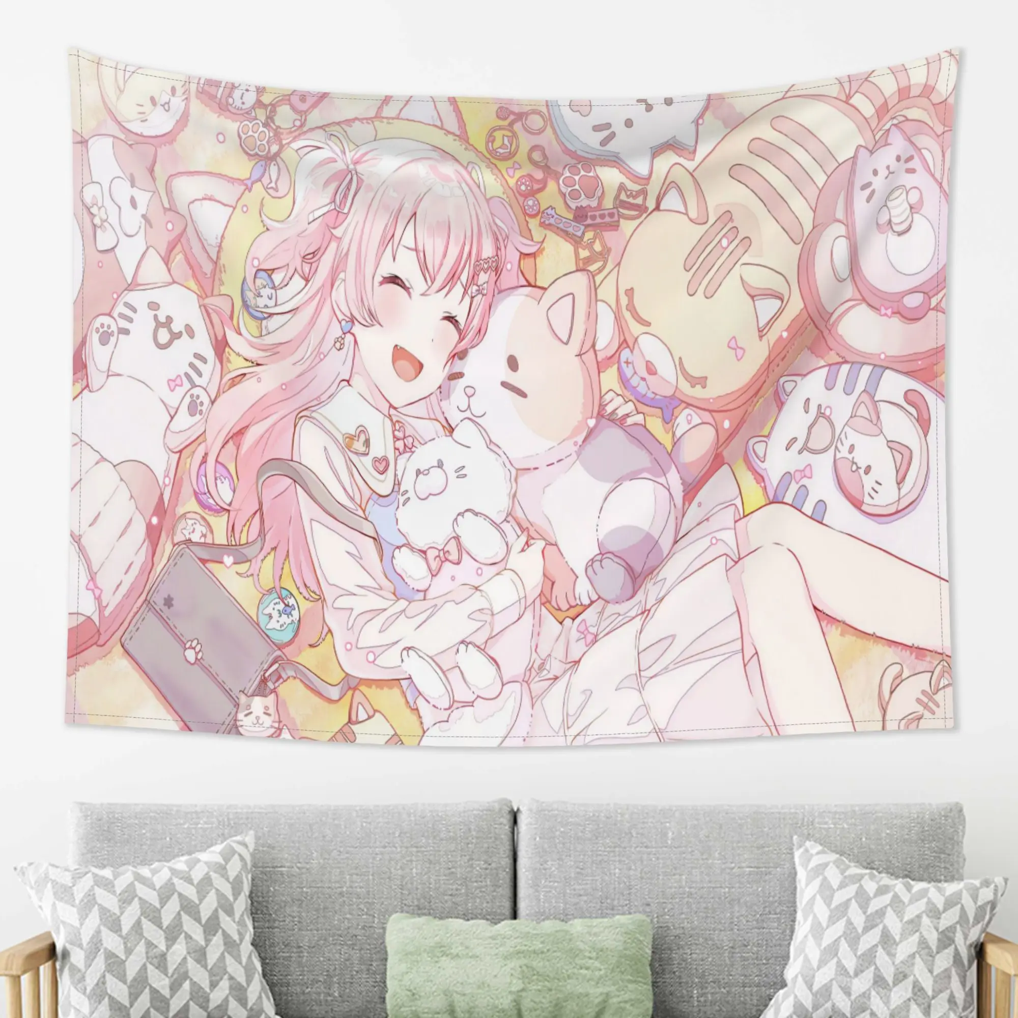 Kawaii Pink Hair Girl Surrounded by Cats Anime Tapestry Wall Hanging Aesthetic Room Decor Background Cloth for Bedroom Dorm Girl