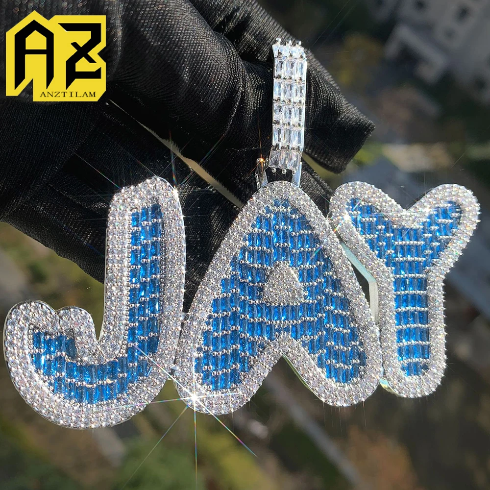 

Blue Zircon Customized 24 Letters Name Pendant Personalized font Necklace 5A Zircon Iced Out Letters Necklaces For Men Women Hip