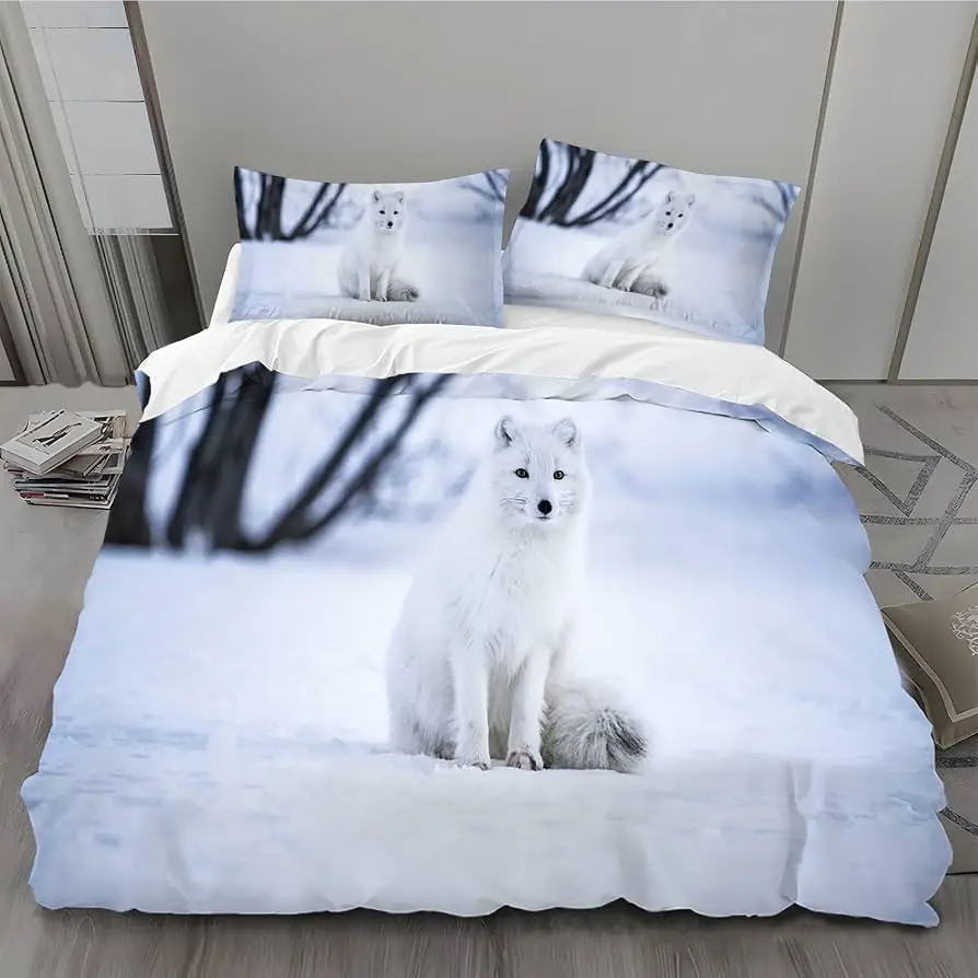 White Snow Fox Duvet Cover Full King Size Cartoon Arctic Fox Animal Bedding Set Winter Snowscape Comforter Cover for Girls Women