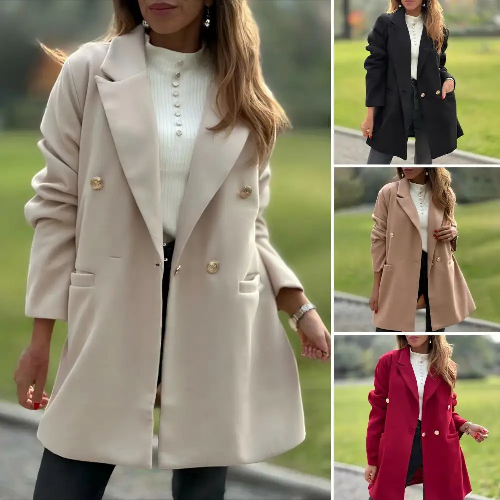 Women Polyester Coat Mid-length Women Jacket Women's Trench Coat with Notch Lapel Double Breasted Mid-length Pea Coat Long