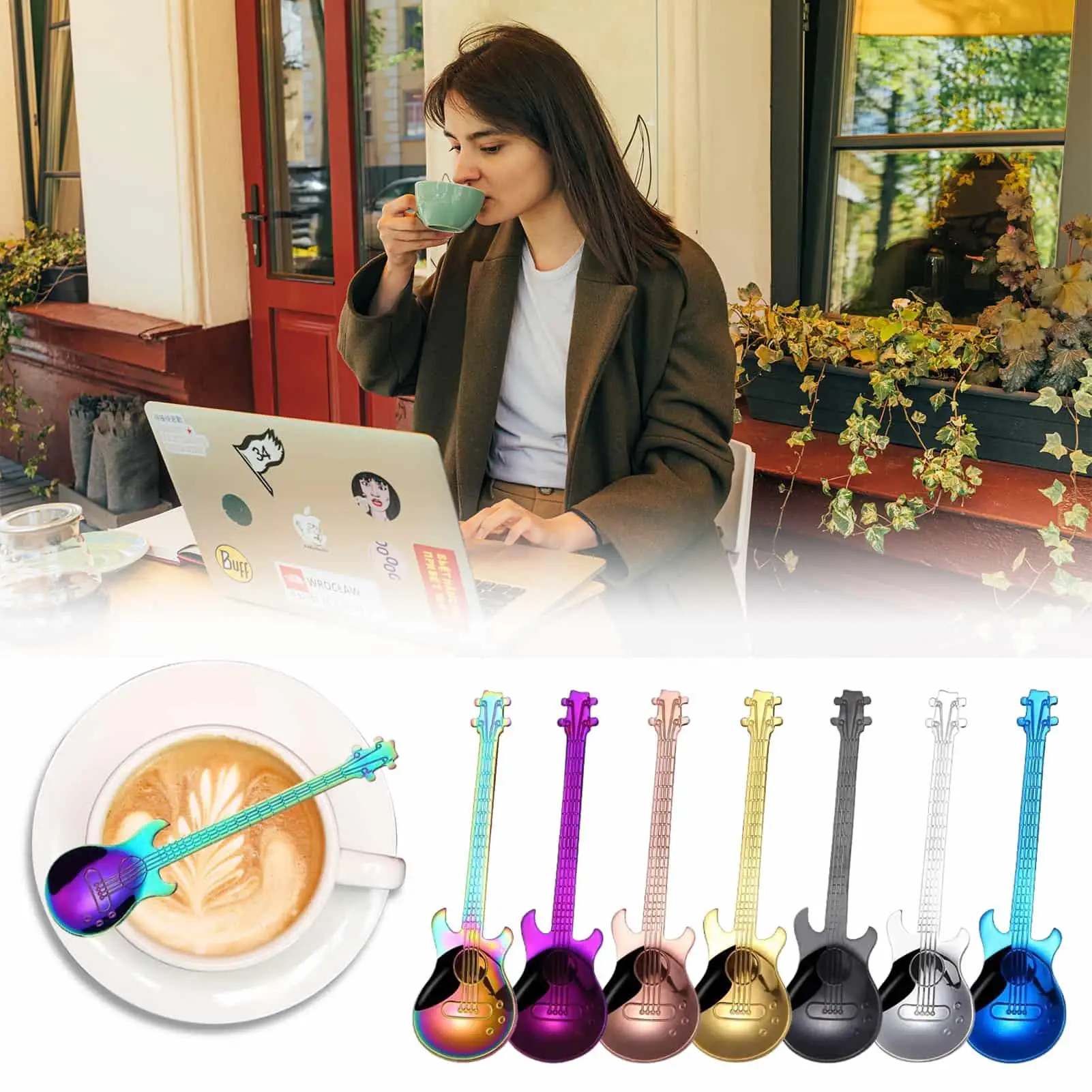 Cute Coffee Spoons Guitar Shape Mini Dessert Spoon For Ice Cream Metal Stainless Steel Musical Instrument Bass Small Spoon view 3