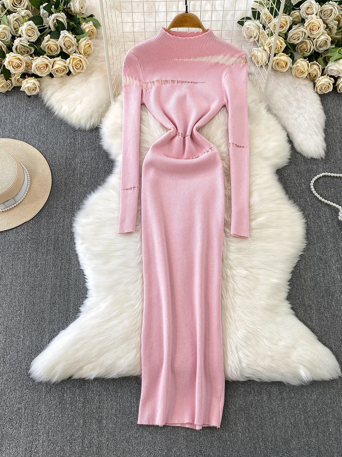 

Ele High-Ne Knitted Long Dr Women's Inner Wear Sexy Me Splicing A-Line Skirt Ci Commute Suitable Winter Dr