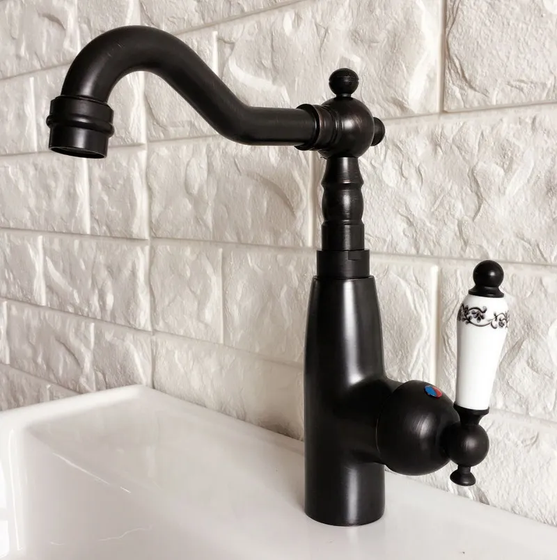 Black Oil Rubbed Brass Swivel Spout Bathroom Sink Faucet Kitchen Basin Cold And Hot Water Mixer Taps Dnfb8