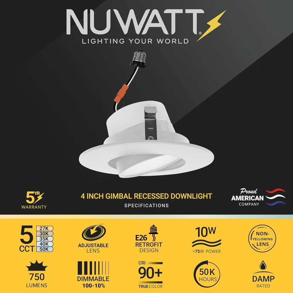 NUWATT 24 Pack Retrofit 4 Inch Gimbal LED Recessed Light White Trim, High Lumen, 750lm, 10W, 5CCT 2700K/3000K 3500K 4000K5000K