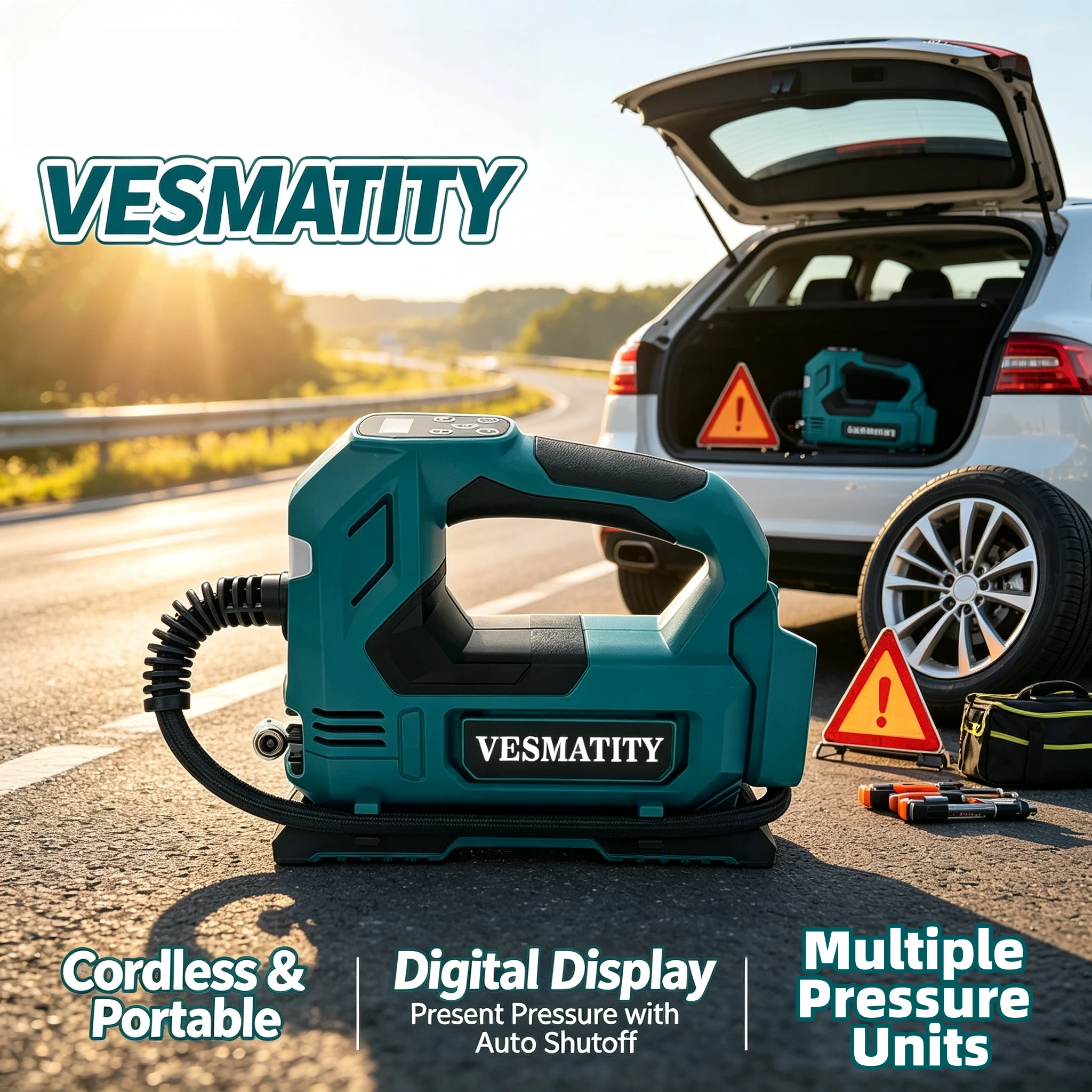VESMATITY Cordless Digital Display Tyre Inflator Portable Air Pump for Car Motorcycle 18V 20V Battery Max Unit System