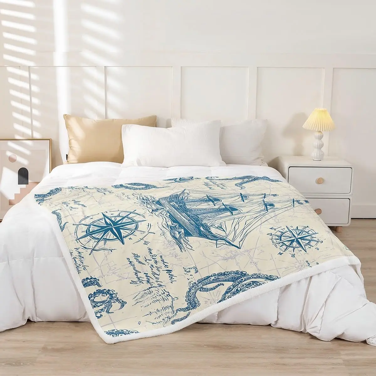 Beige Retro Nautical Octopus Sailboat Compass Globe Print Warm Blanket For Bedroom Sofa Camping Daily Home Indoor Casual Use