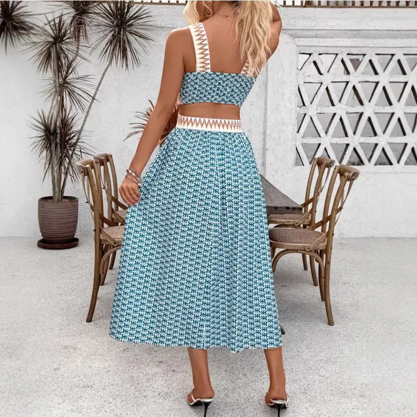 Summer Woman Dress Strapless Backless Dresses Women's Summer Sundress Long Boho Maxi Dress Blue White Pattern Slip Dress