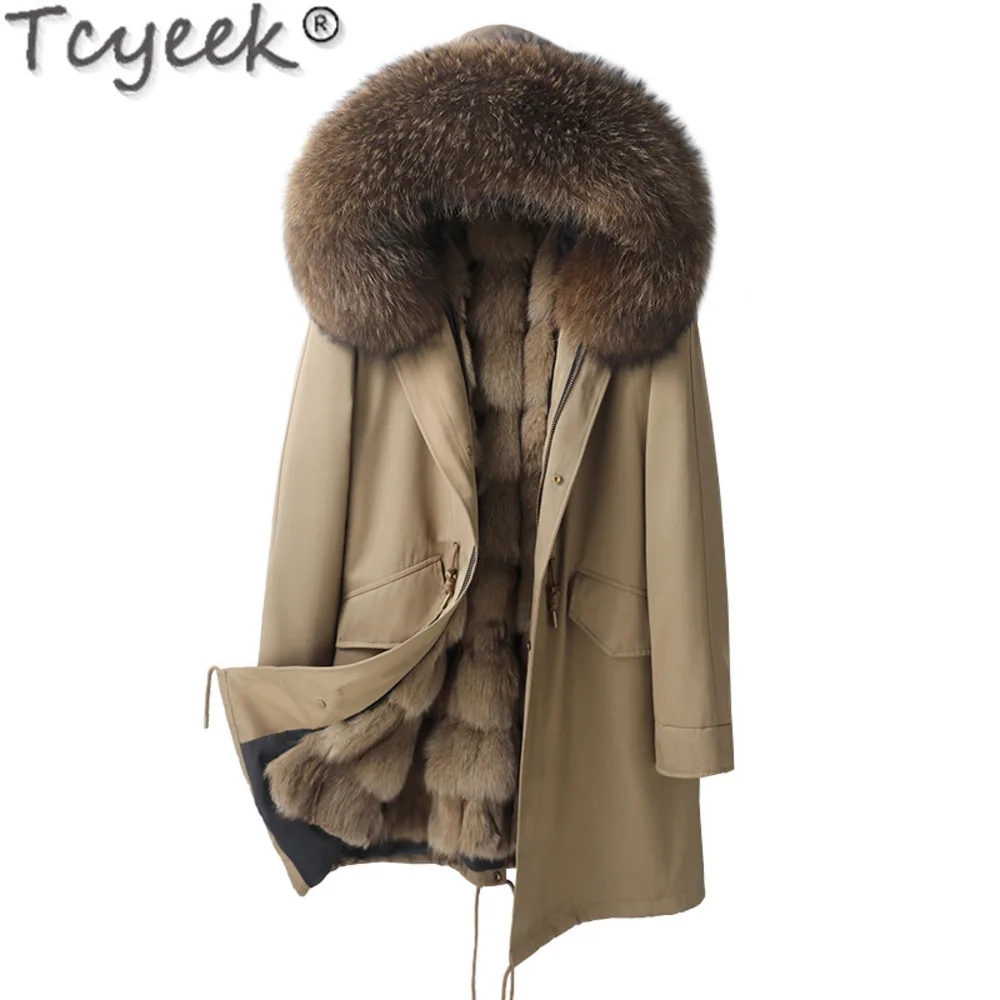 Real Tcyeek Parka masculina com gola de pele de raposa, jaquetas quentes de inverno, forro destacável, roupas fashion