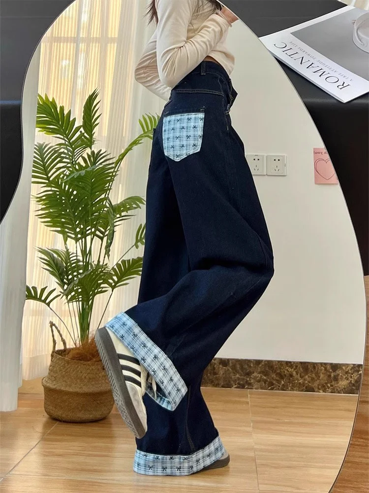 Calças Jeans de Cintura Alta com Pernas Largas para Mulheres, Calças de Denim com Patchwork de Borboleta, Corte Solto e Reto,...