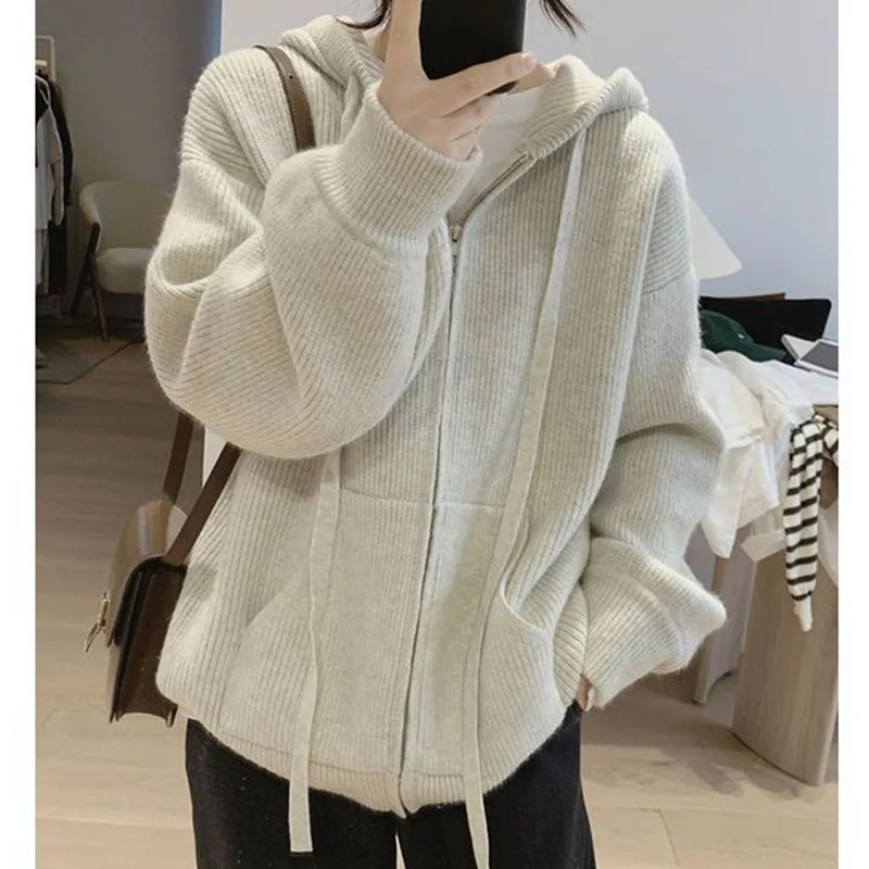 Loose Hooded Zipper Sweater for Women, Autumn and Winter, Gentle, Soft and Lazy Style Knitted Cardigan Top Jacket Sweater Women