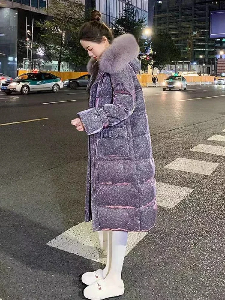 Purple Starry Light Down Cotton-Padded Jacket Winter New Hooded Large Fur Collar Stitching Loose Thickened Warm Long Coat Women