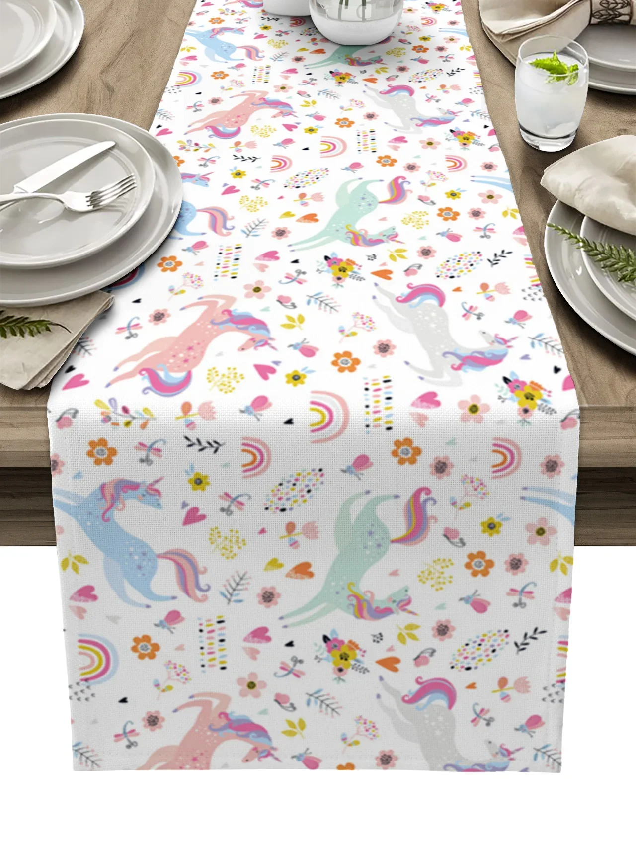 Cartoon Pink Horse Rainbow Butterfly Table Runner Wedding Decor Table Cover Holiday Party Coffee Table Decoration Table Cloth