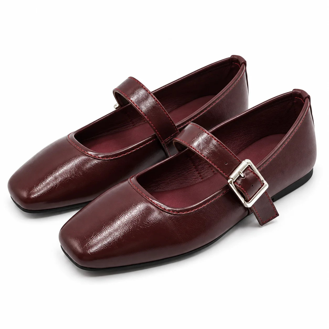 Damen-Ballerinas, Mary-Jane-Schuhe mit eckiger Zehenpartie, aus Kunstleder, mit Schnallenriemen, bequeme Schuhe mit niedrigem Absatz, ideal für Freizeit, Arbeit und den täglichen Gebrauch.