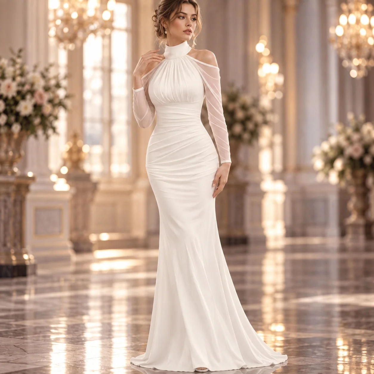 Pleated Halter Neck Slim Fit Gown Socialite Style with Off Shoulder Sleeve Pleated Dress Tie Closure Party Spring for Women