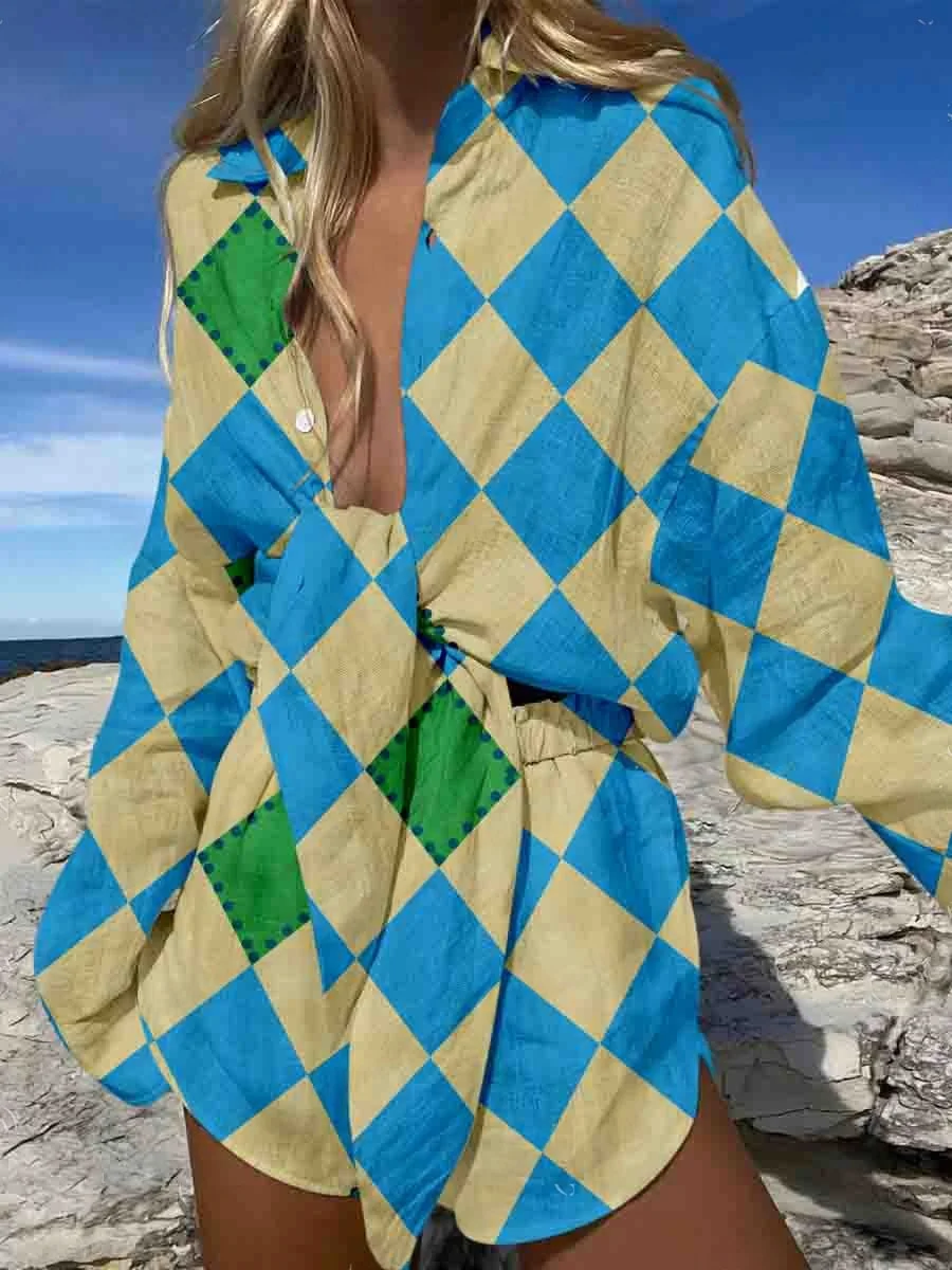 Diamond Grid Printed Summer Women's Personality Temperament Elegant Fashion 2-piece Sets Beach Vacation Commuting Top Shorts Set