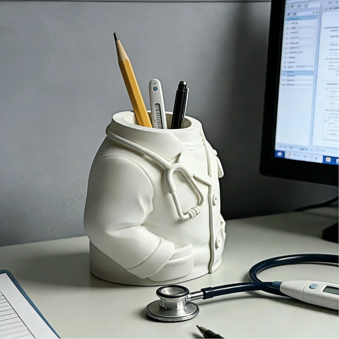 Creative Desktop Pen Holder in White Coat Style with Stethoscope Decoration Medical Office Desk Storage Pen Cup for Doctors