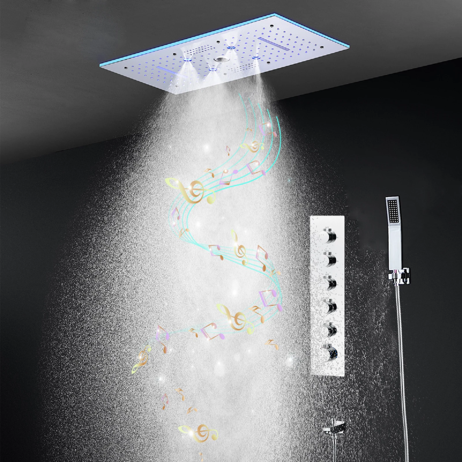 

12''x24'' Ceiling Recessed Bathroom LED Shower Faucets Thermostatic 5 ways Mixing Valve Music Rain Mist Waterfall Column