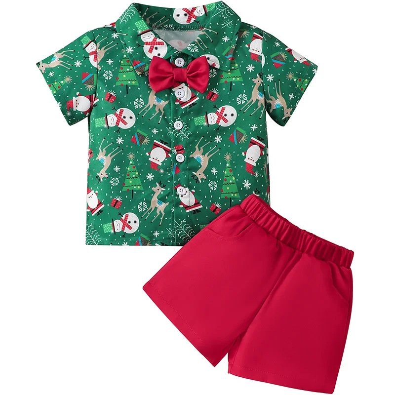 

1-5Y New Year Costume For Boy Christmas Outfit Santa Deer Printed Necktie Shirts and Red Pants Children Christmas Clothes Sets