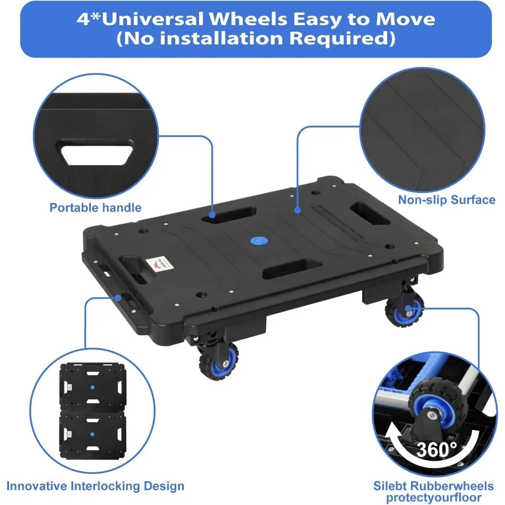 LEADALLWAY Juego de 2 piezas de carro plegable con plataforma para camión, conjunto de carritos múltiples, carrito de muñecas favorable (24,4 L x 17,7 W con asa + 24,2 L x 1