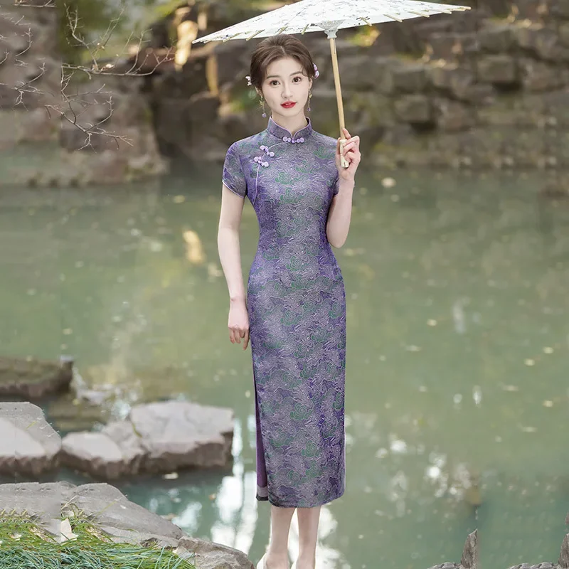 2024 New National Style Old Shanghai Qipao Long Cheongsam Elegant Women Jacquard  High Slit Slim Dress Female Performance Dress