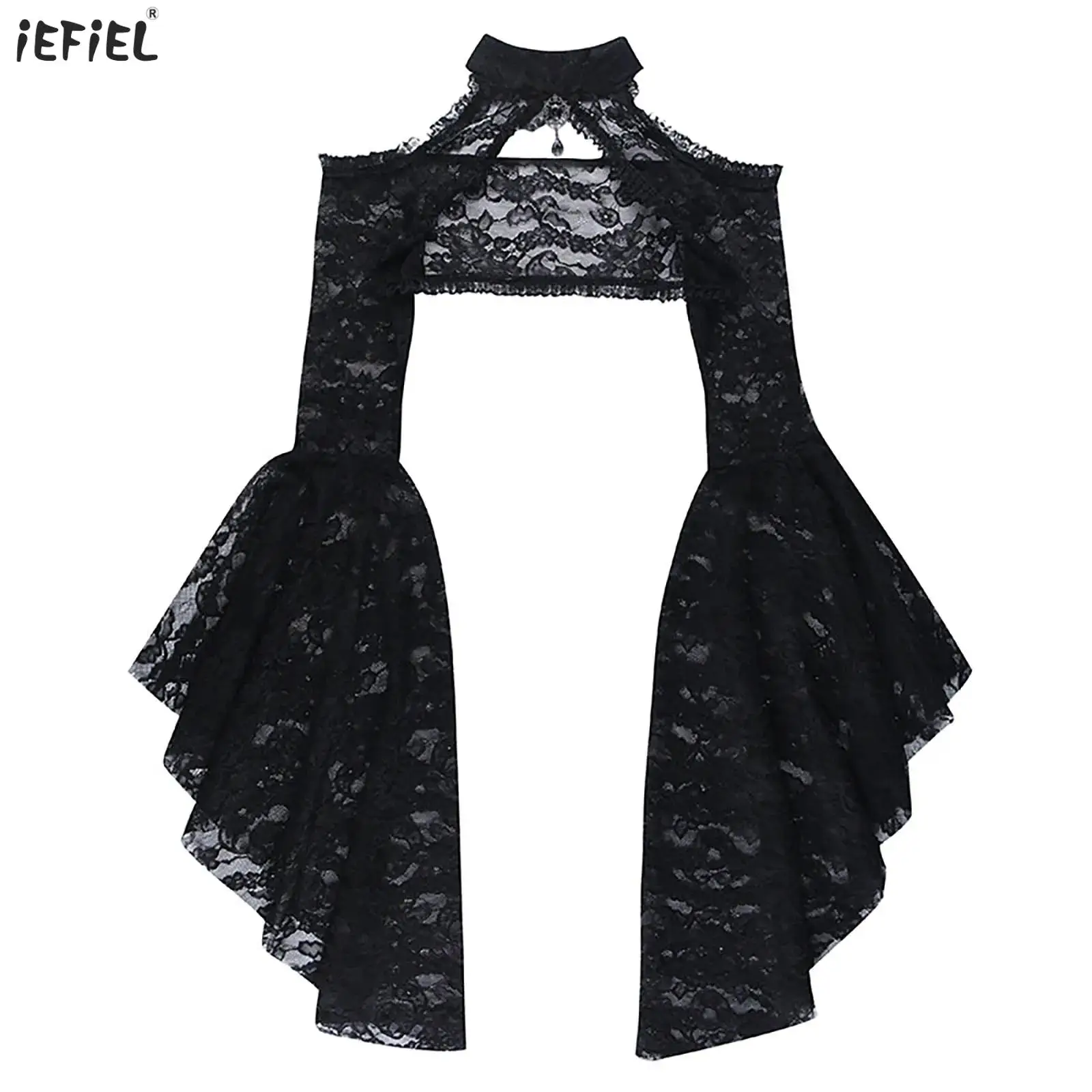 

Womens Gothic See-Through Lace Shrug Shirt Cold Shoulder Flared Sleeve Crop Top for Halloween Theme Party Masquerade Performance