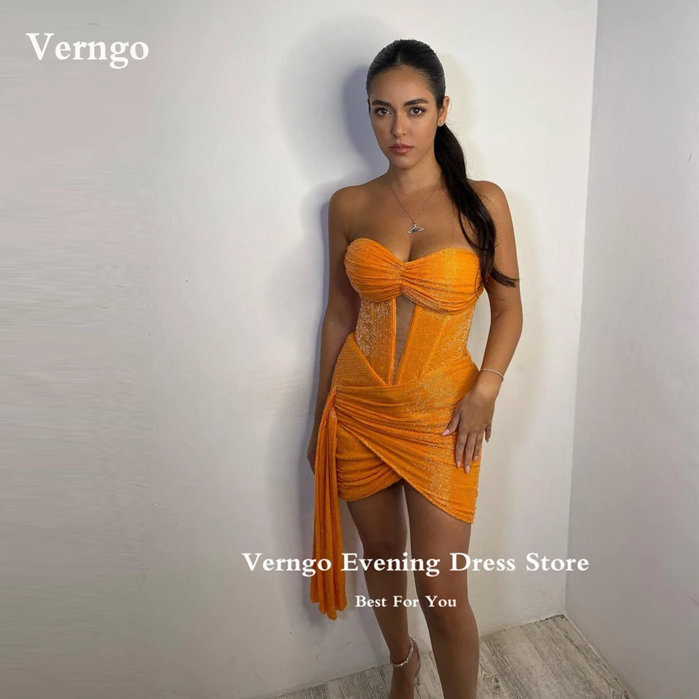 

Verngo Sexy Shiny Short Orange Prom Party Dresses Sweetheart Mini Arabic Women Formal Club Event Evening Gowns Robe de soiree