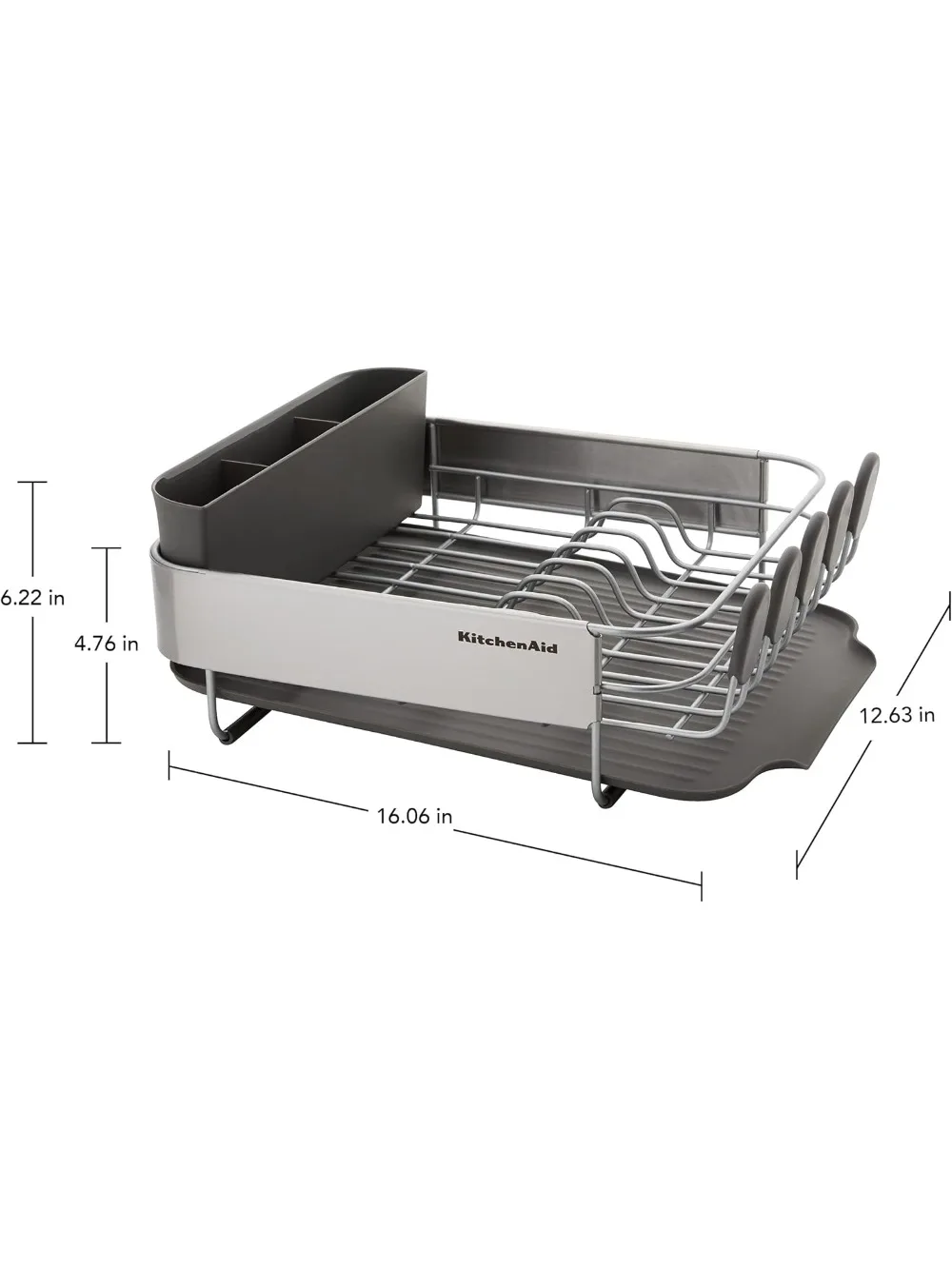 رف أطباق مدمج موفر للمساحة مع لوح تصريف ذاتي الصرف وعلبة أطباق قابلة للإزالة، رمادي 16 بوصة للمطابخ الصغيرة