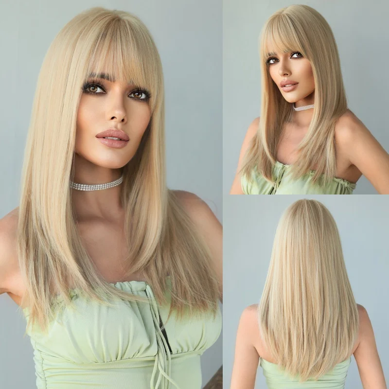

Gradient blonde Cosplay Party Wig With Bangs Synthetic Hair Long Straight