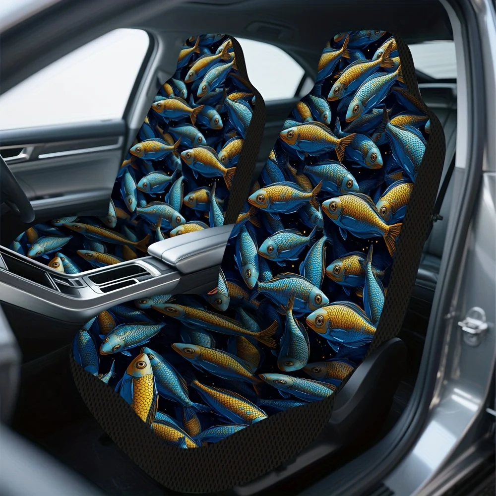 2pcs Vibrant Blue Tropical Fish Print Car Seat Covers - Soft, Washable, Universal Fit For Driver & Passenger Seats, Trendy Inter