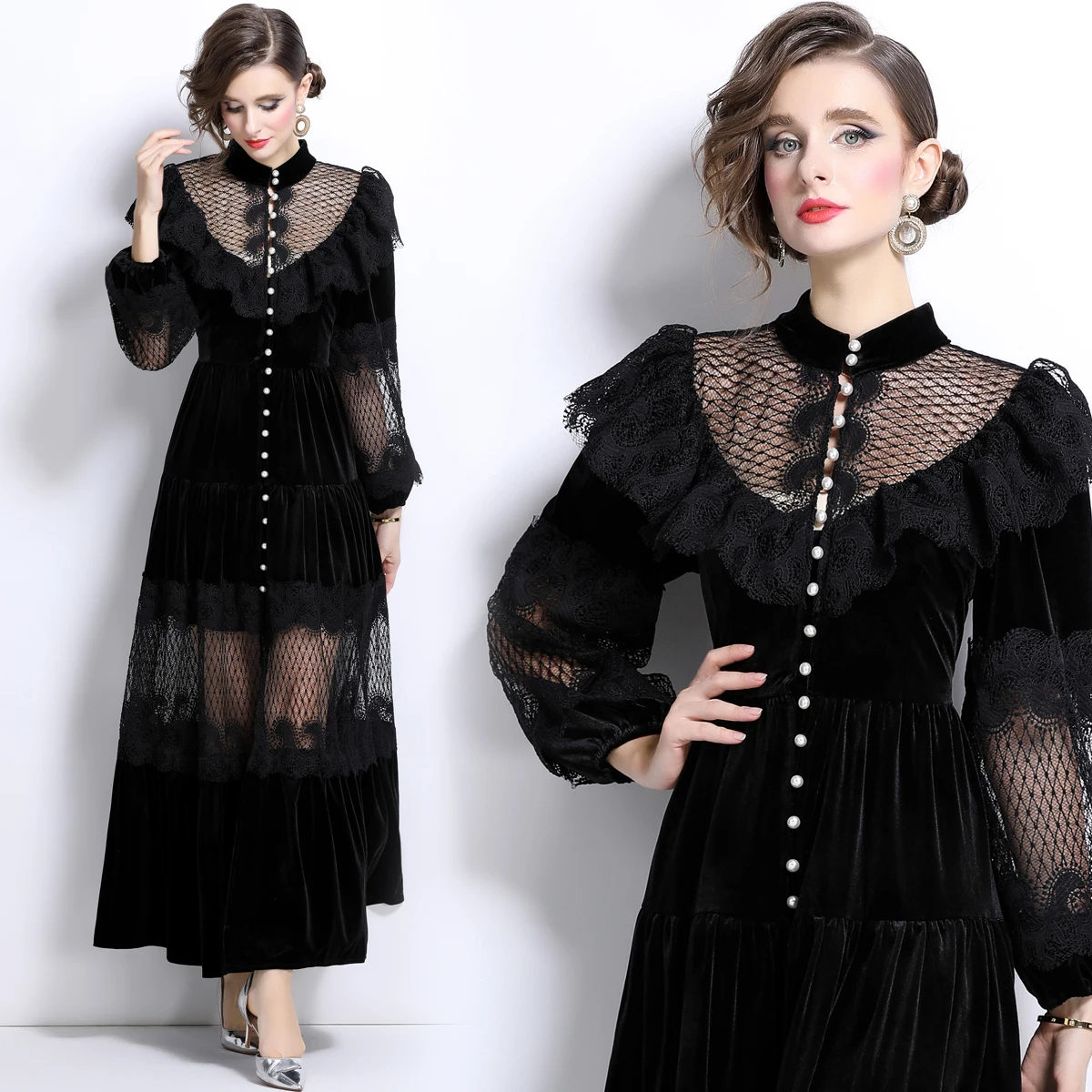 

Lace ruffle edge single row pearl buckle strap waist cinching velvet long skirt for women streetwear black vintage dress