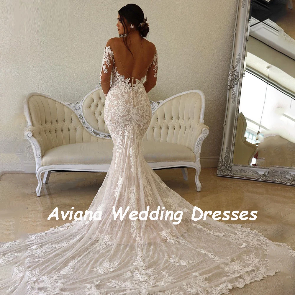 Aviana Lange Mouw Strand Zeemeermin Trouwjurken Kant Appliqués Puur Ronde Hals Bruidsjurk Illusie Trouwjurken Mariage