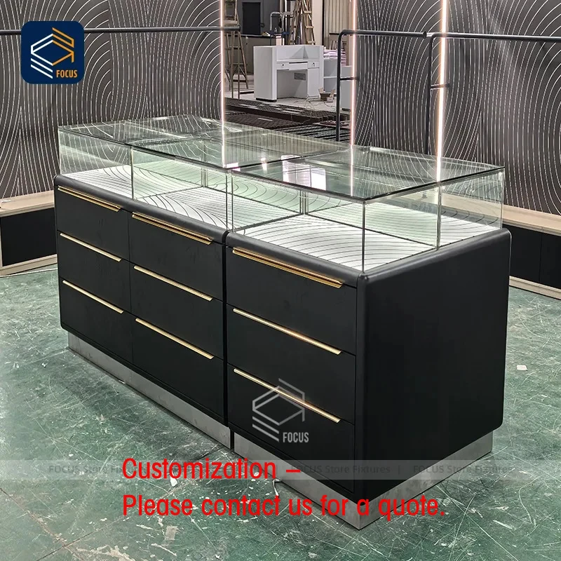 custom.Black Glass Display Showcase Drawer Cabinet Retail Counter Design Custom Shop Fixture Modern Display Unit