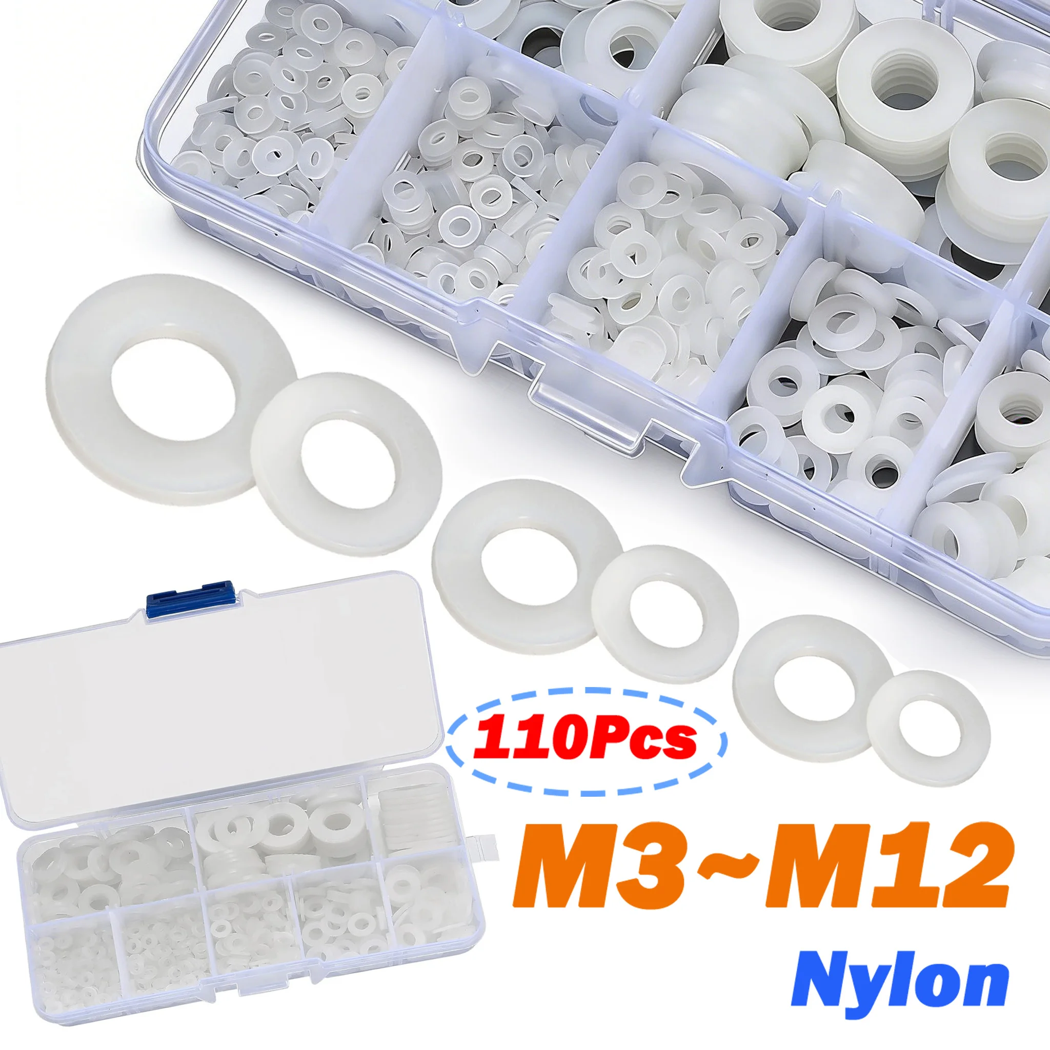 110Pcs/Box Boxed Plastic Nylon Flat Washer M3 M4 M5 M6 M8 M10 M12 Plain Spacer Insulation Gasket Ring Assortment Kit Set