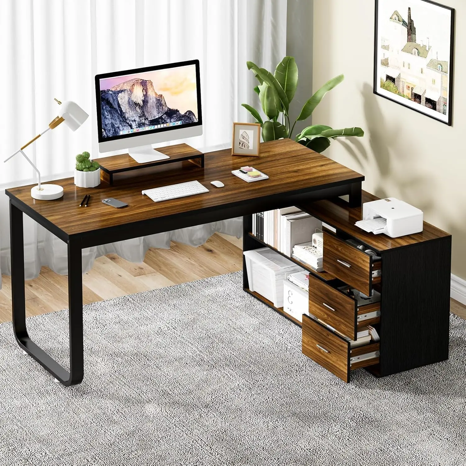 L Shaped Desk with 3-Drawer Storage and 2 Open Shelves, 55-inch Reversible Corner Desk for Home Office, Sturdy Engineered Wood & Metal Frame