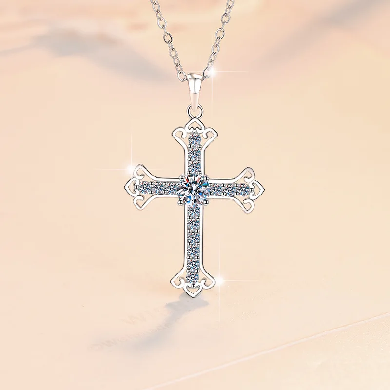 S925 Sterling Silver Cross Pendant Necklace Safety Guard Premium Sweater Chain Collarbone Chain