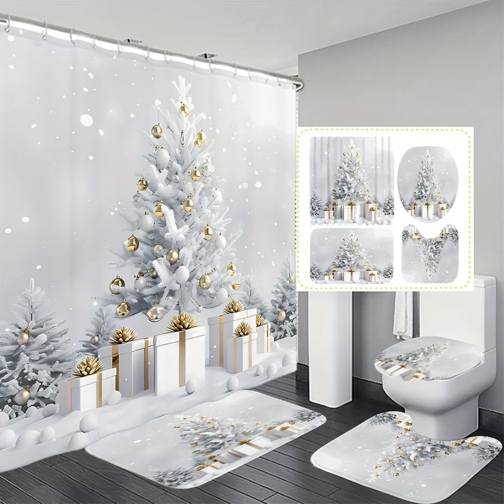 4Pcs Xmas Tree Bath Set, Shower Curtain with 12 Hooks, Non-Slip Mat, U-Shaped Toilet Cover, Bathroom Accessories, Holiday Decor
