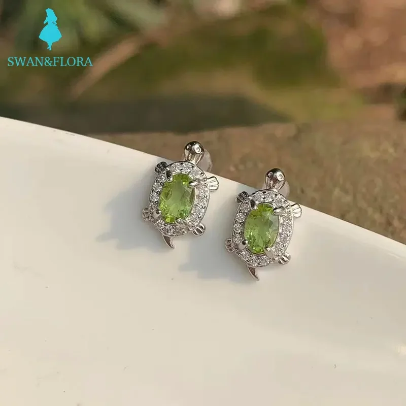 100% Genuine Natural Peridot 925 Sterling Silver Stud Earrings Turtle For women Jewelry Gift