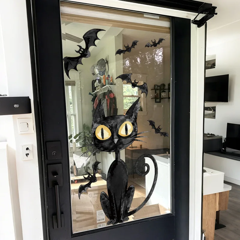 Simple Dark Style Black Cat Bat Halloween Door Sticker, Self-Adhesive Glass Window Decal, Spooky Home Shop Festive Party Decor