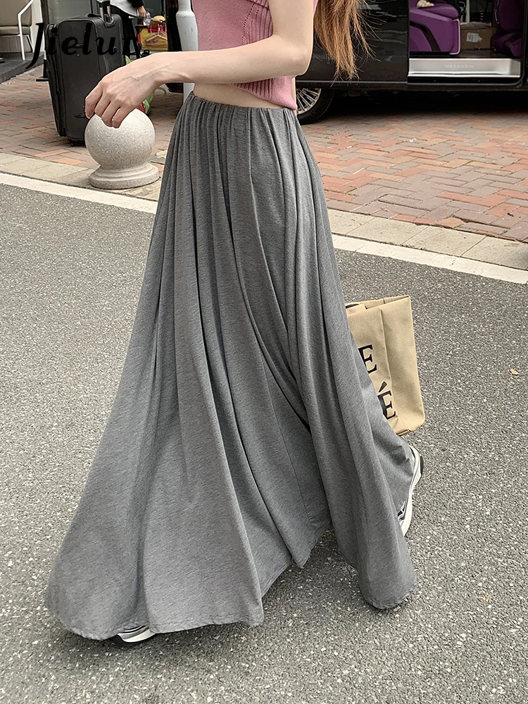 Jielur New Women's Simple Loose A-line Floor Mopping Skirt Spring Korean Fashion Elastic Waist High Waist Pleated Long Skirts