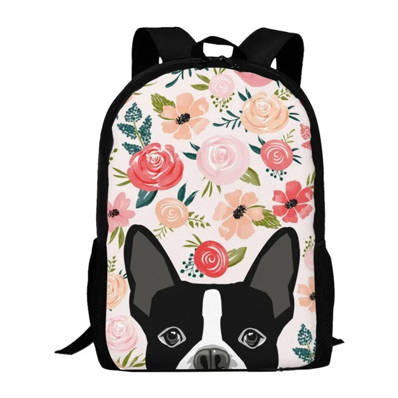 Mochila Boston Terrier con flores para perros, bolso escolar con diseño floral rosa, divertido cachorro, Bulldog, mochilas informales para estudiantes, niños y niñas, deporte de viaje