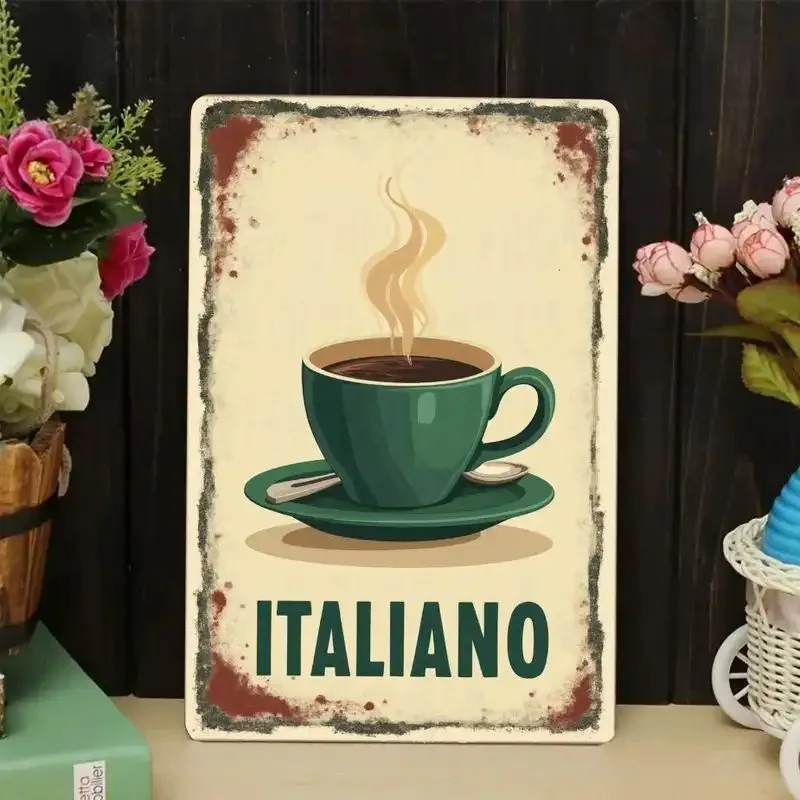 2026 2D Flat, 1pc Italiano Coffee Cup Metal Wall Art Sign-Vintage Italian-Themed Retro Cafe Decor with Espresso & Cappuccino