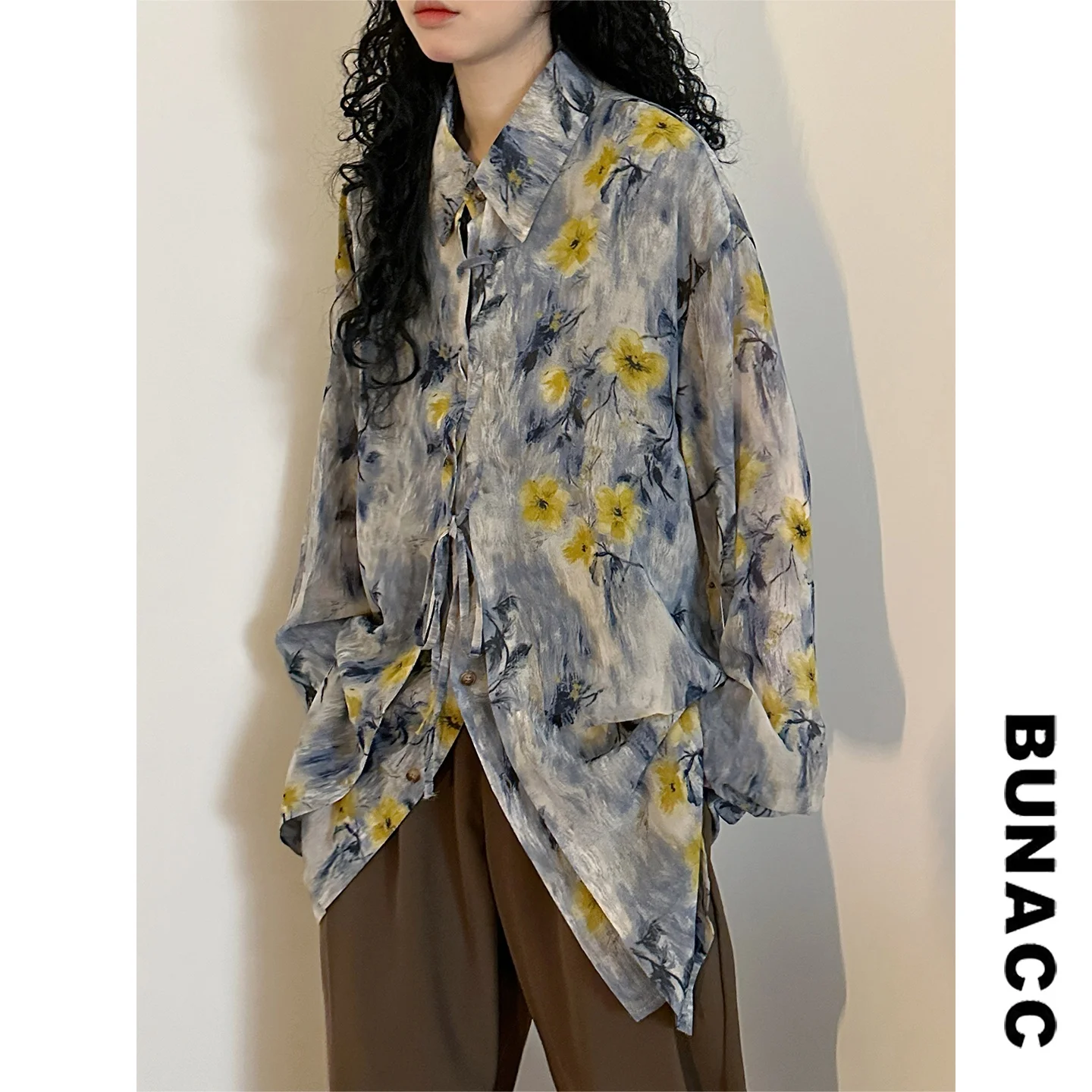 

Loose Women's Long Sve Collar Casual irt BUNACC2026 Spring American Retro Lazy Sle Printed Loose Fit Top