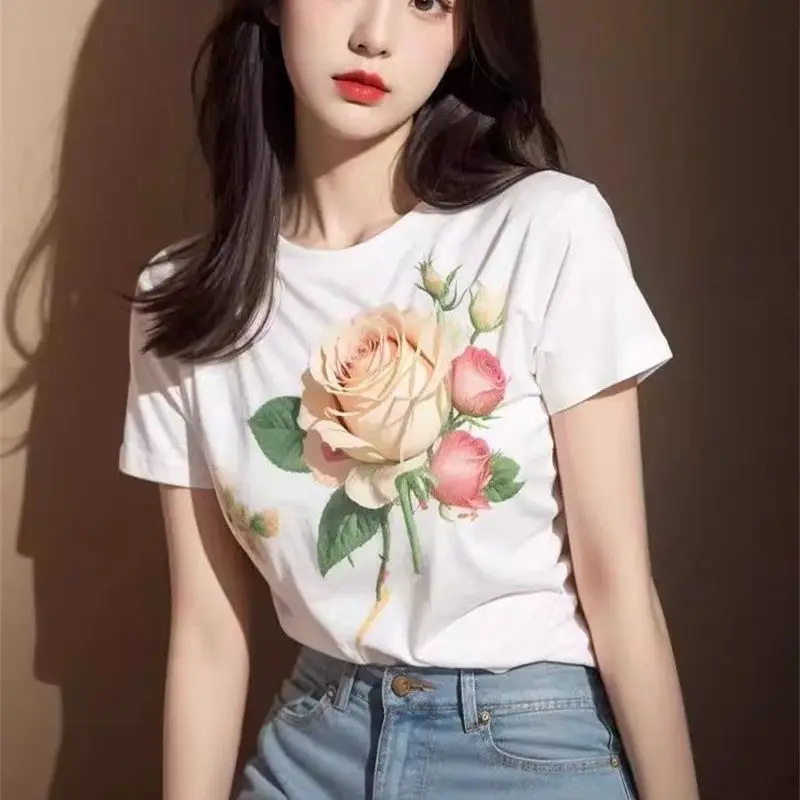 

Pure Cotto Cotton Summer Small Fragrance Rose Printed Short-sleeved T-shirt for Women Casual and Fashionable Super Beautiful Top