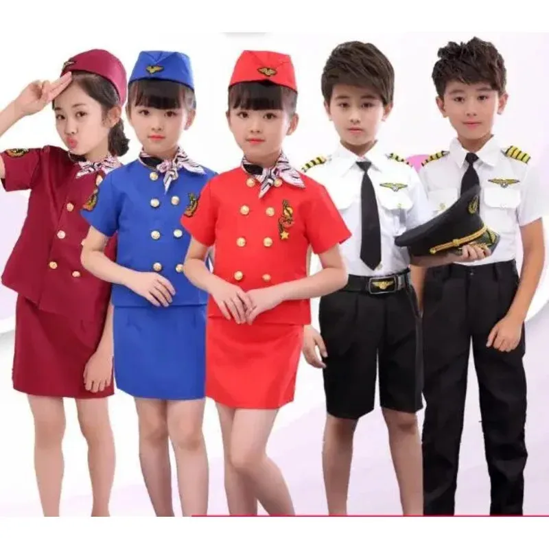 Disfraz de piloto de azafata de juego de rol de capitán, disfraz para niño y niña, ropa de actuación de avión para Halloween para niños NM34
