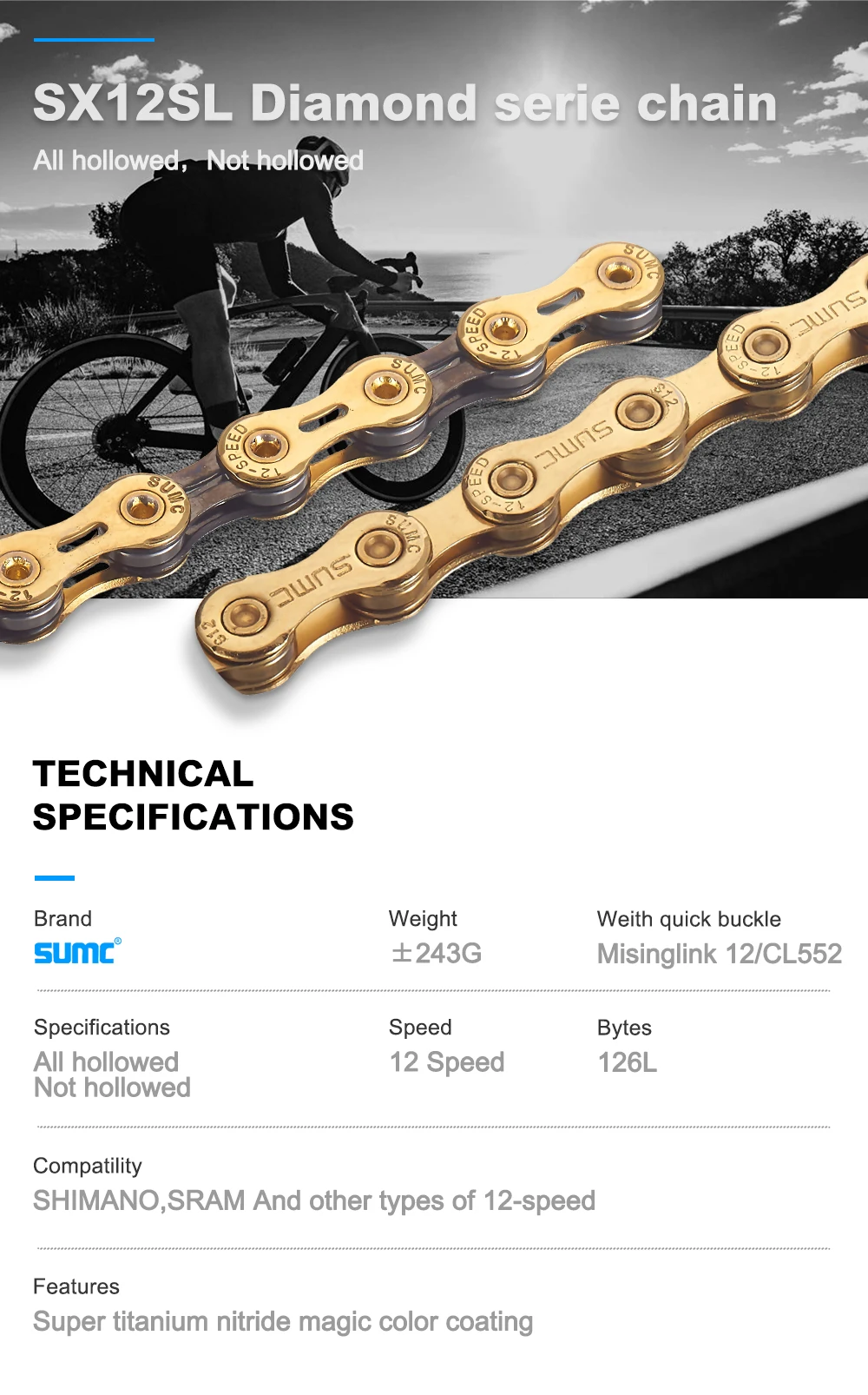 SUMC SX12SL 12 Fach Fahrradkette MTB Rennrad Diamant Farbe Ultraleicht Langlebig 126L Kettenschloss Für 12S Antriebssystem – Detail 3